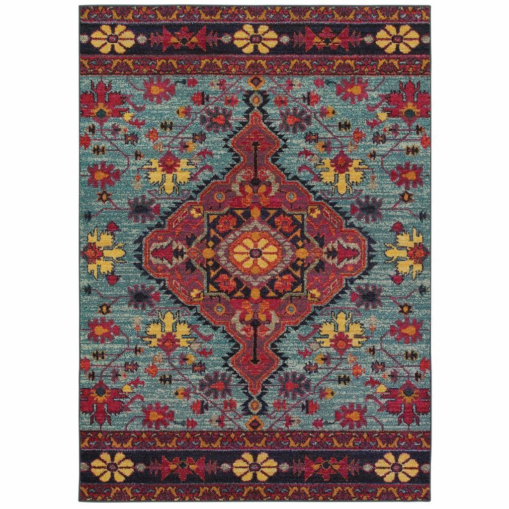 Bohemian Blue Pink Oriental Medallion Traditional Rug - Free Shipping