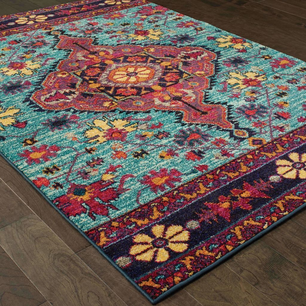 Traditional Rug - Bohemian Blue Pink Oriental Medallion Traditional Rug