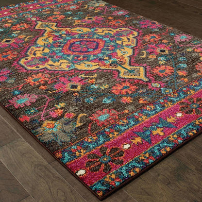 Traditional Rug - Bohemian Charcoal Pink Oriental Medallion Traditional Rug