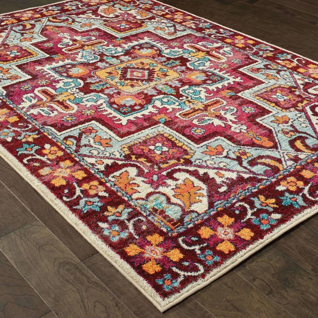 Traditional Rug - Bohemian Red Pink Oriental Medallion Traditional Rug