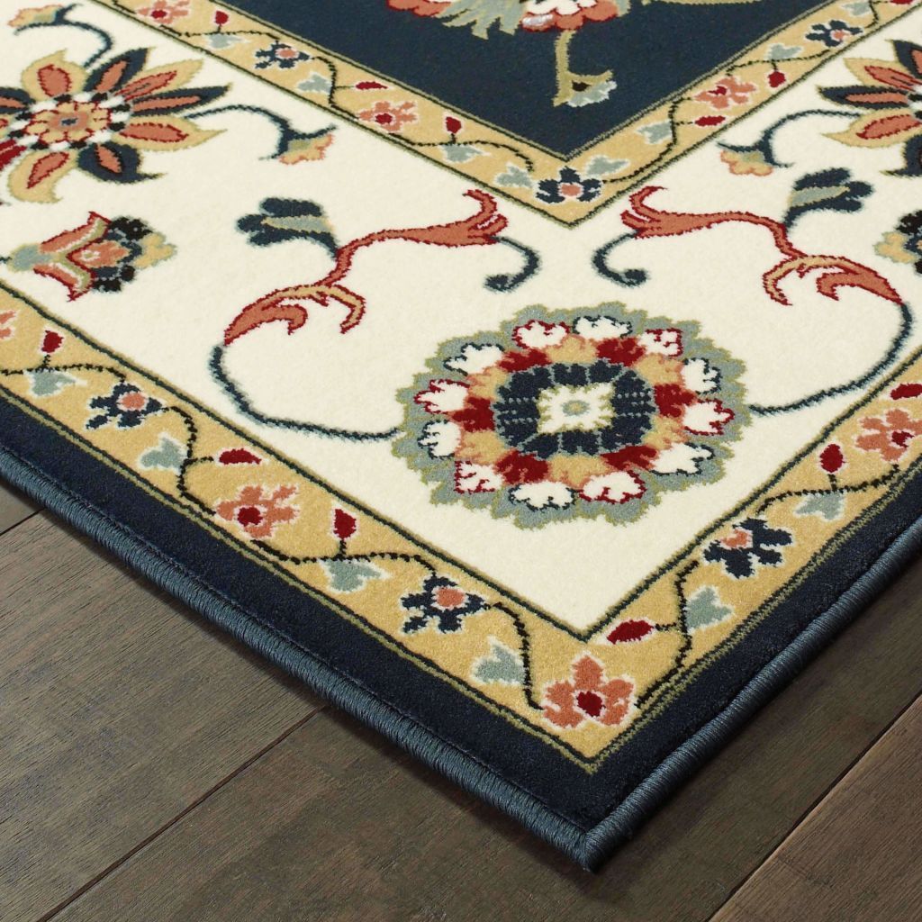 Traditional Rug - Kashan Navy Ivory Oriental Floral Traditional Rug