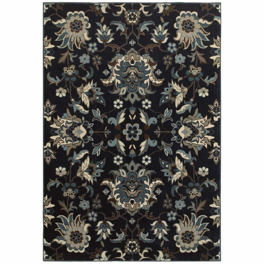 Linden Navy Blue Floral  Transitional Rug - Free Shipping