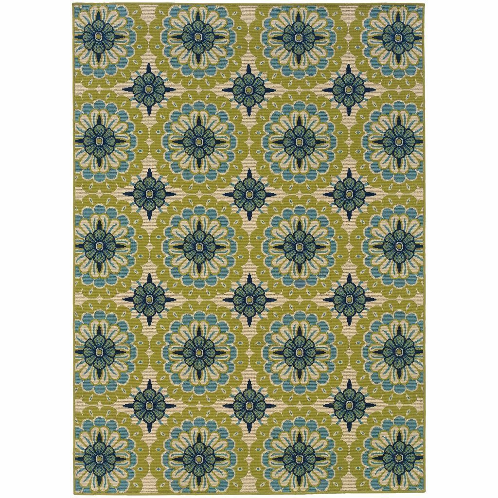 Caspian Green Ivory Floral  Outdoor Rug - Free Shipping