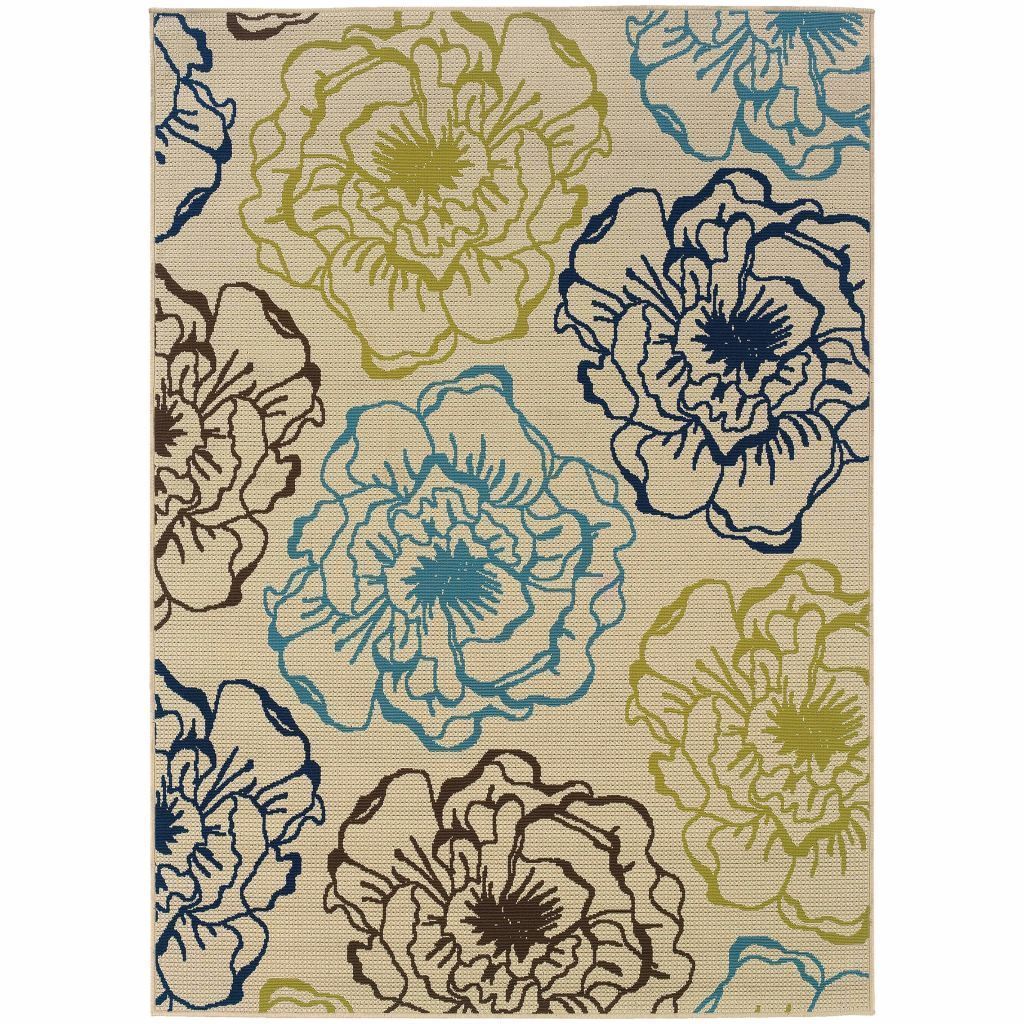 Caspian Ivory Blue Floral  Outdoor Rug - Free Shipping