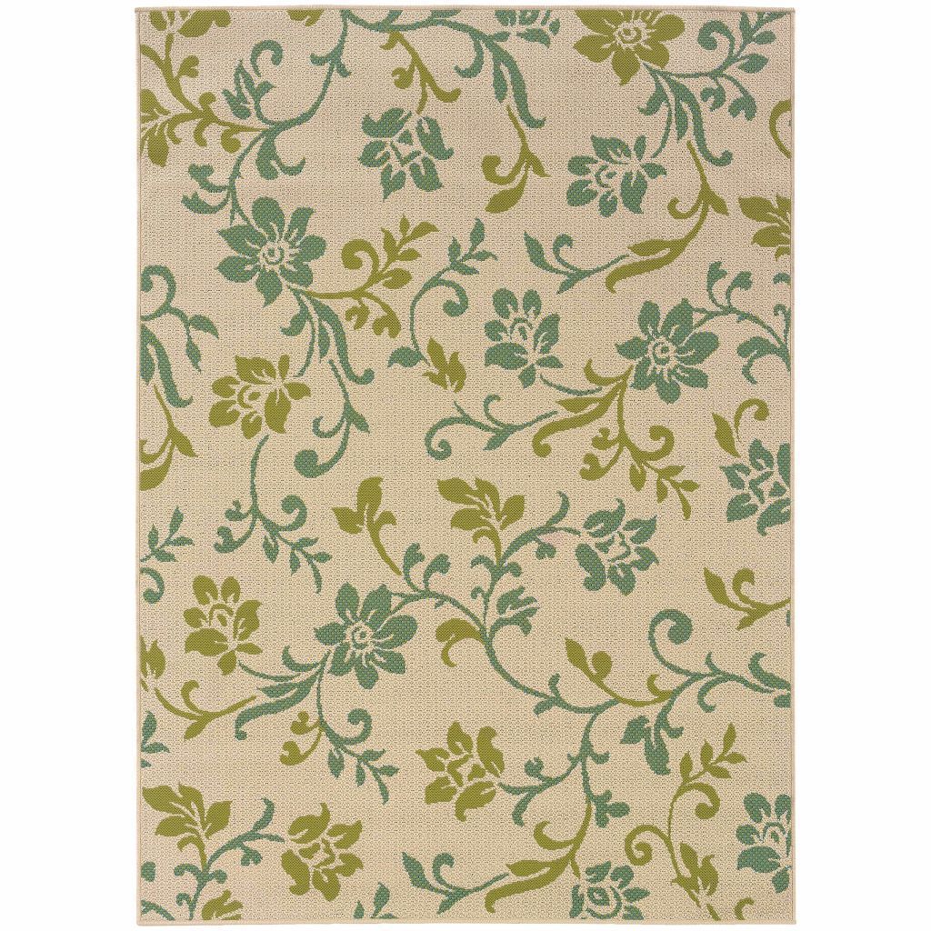 Caspian Ivory Green Floral  Outdoor Rug - Free Shipping