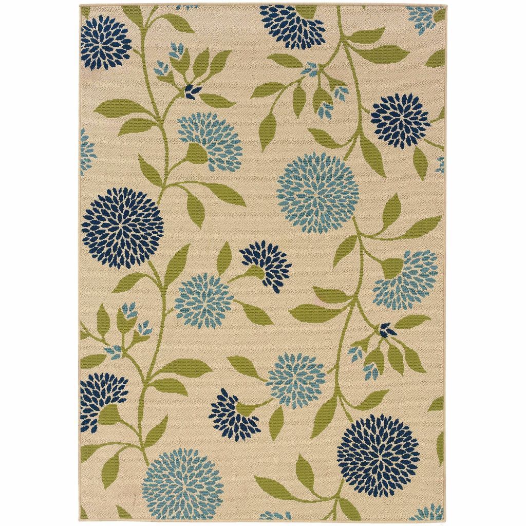 Caspian Ivory Green Floral  Outdoor Rug - Free Shipping