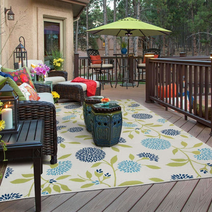 Woven - Caspian Ivory Green Floral  Outdoor Rug