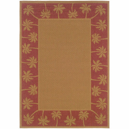 Lanai Beige Red Palm Border  Outdoor Rug - Free Shipping