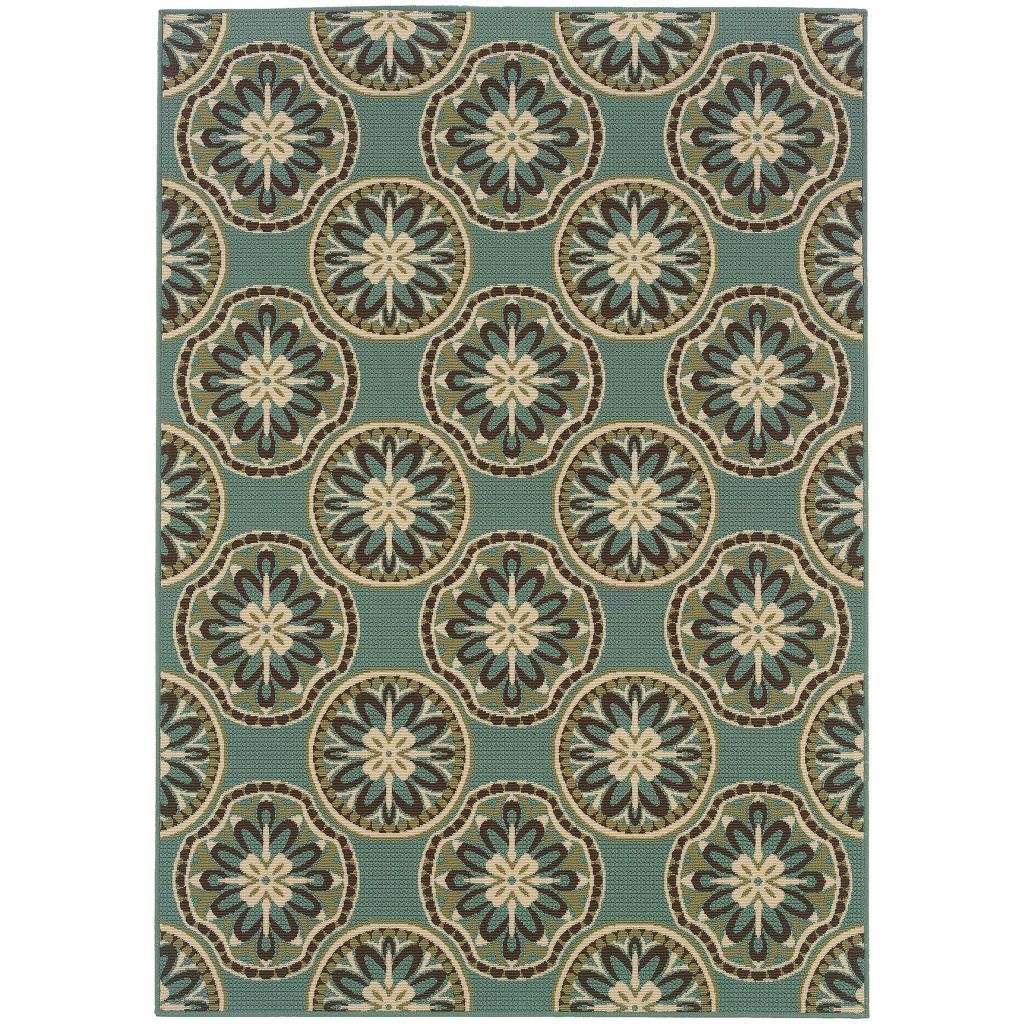 Montego Blue Ivory Floral  Outdoor Rug - Free Shipping