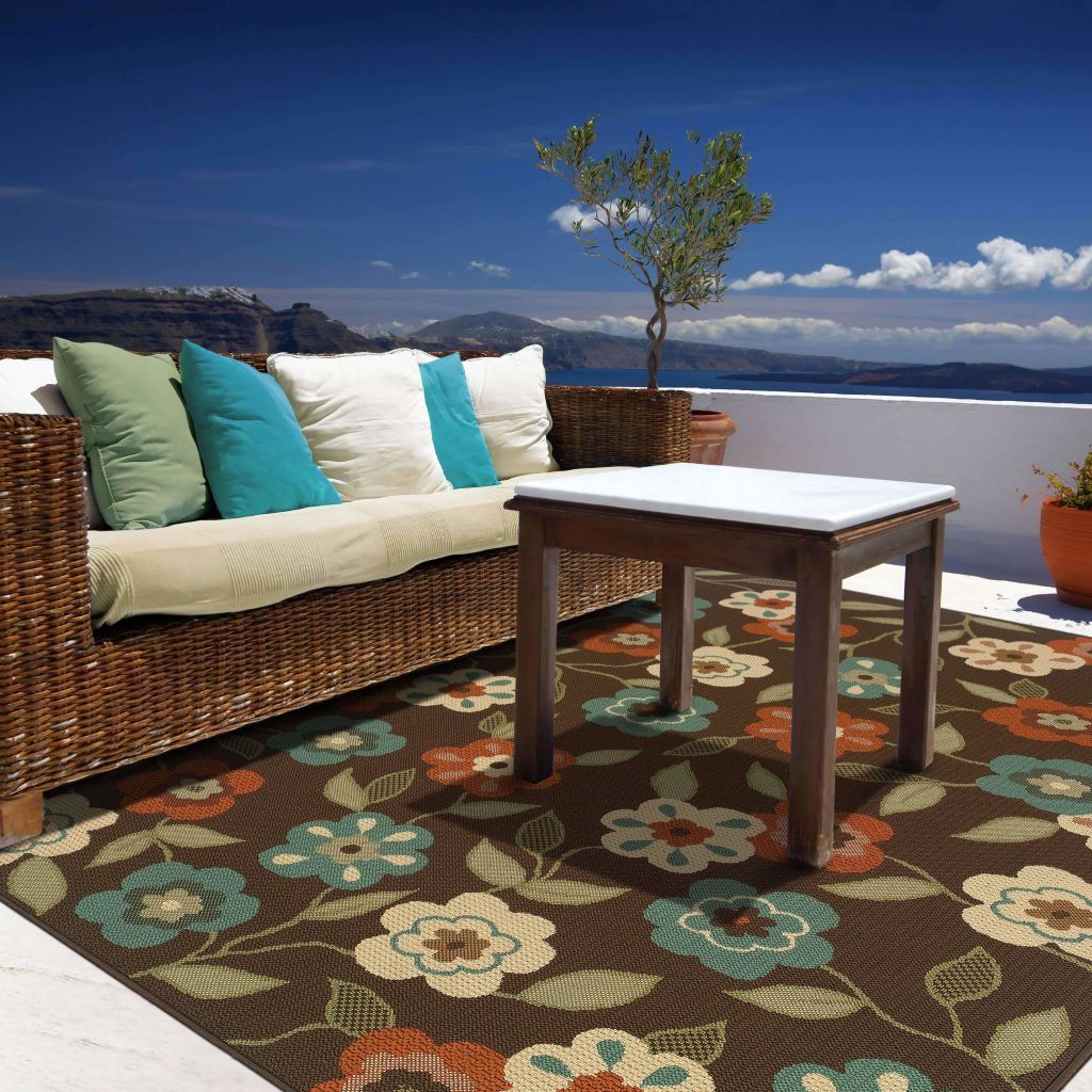 Woven - Montego Brown Ivory Floral  Outdoor Rug