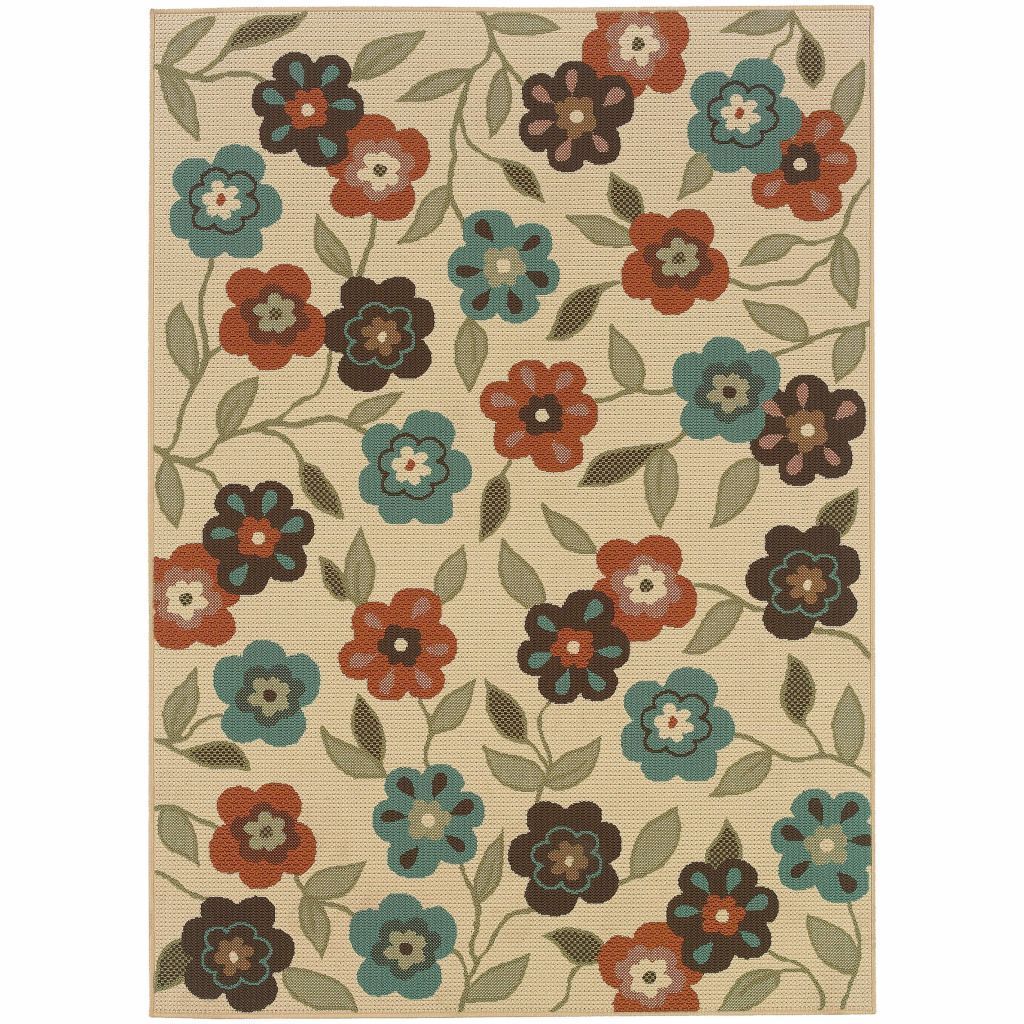 Montego Ivory Brown Floral  Outdoor Rug - Free Shipping